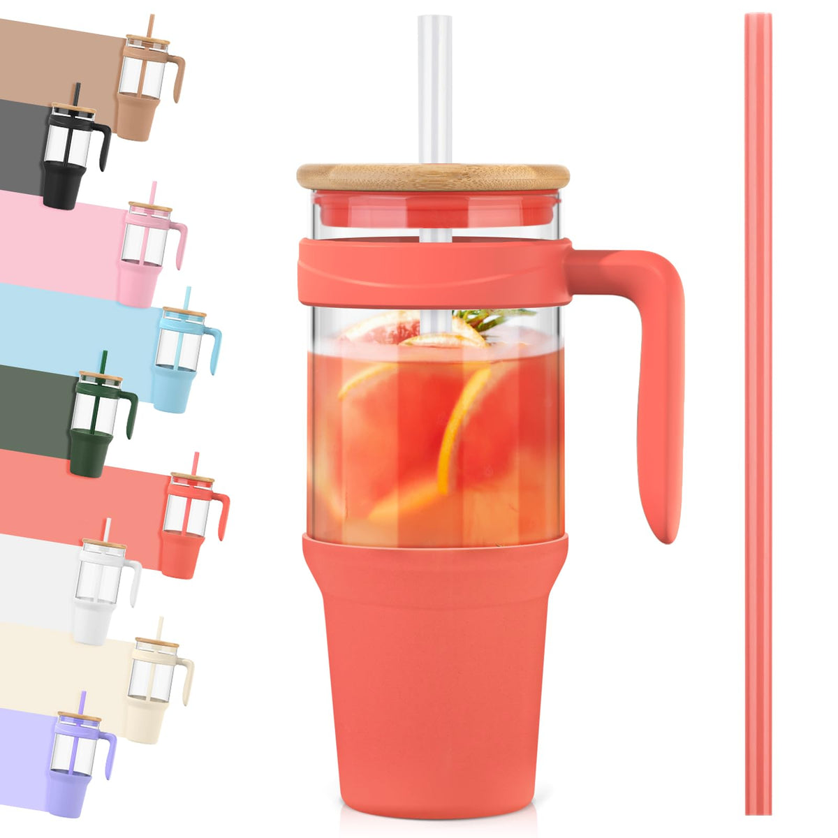 Tronco 40 oz Glass Tumbler with Straw and Lid, Reusable Glass Tumbler with Handle, Iced Coffee Cup with Bamboo Lid, Glass Water Bottles Fit in Cup Holder, Carbonfree, Lead-Free, BPA-Free