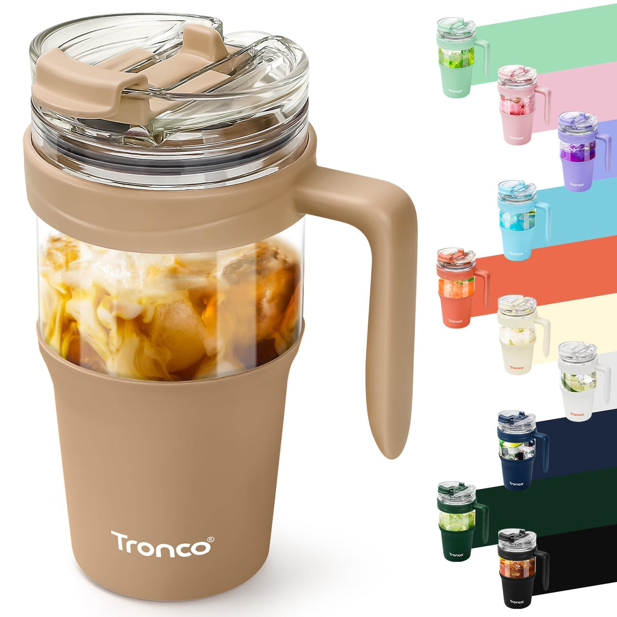 Tronco 40 oz Glass Tumbler with Straw and Lid, Reusable Glass Tumbler with Handle, Iced Coffee Cup with Bamboo Lid, Glass Water Bottles Fit in Cup Holder, Carbonfree, Lead-Free, BPA-Free