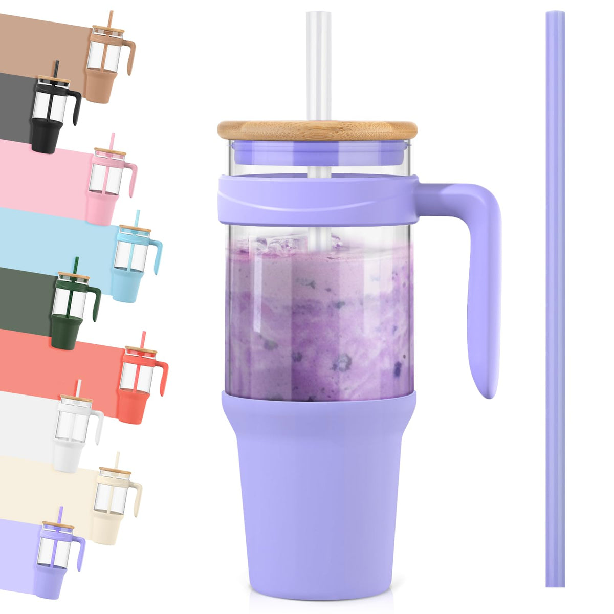 Tronco 40 oz Glass Tumbler with Straw and Lid, Reusable Glass Tumbler with Handle, Iced Coffee Cup with Bamboo Lid, Glass Water Bottles Fit in Cup Holder, Carbonfree, Lead-Free, BPA-Free
