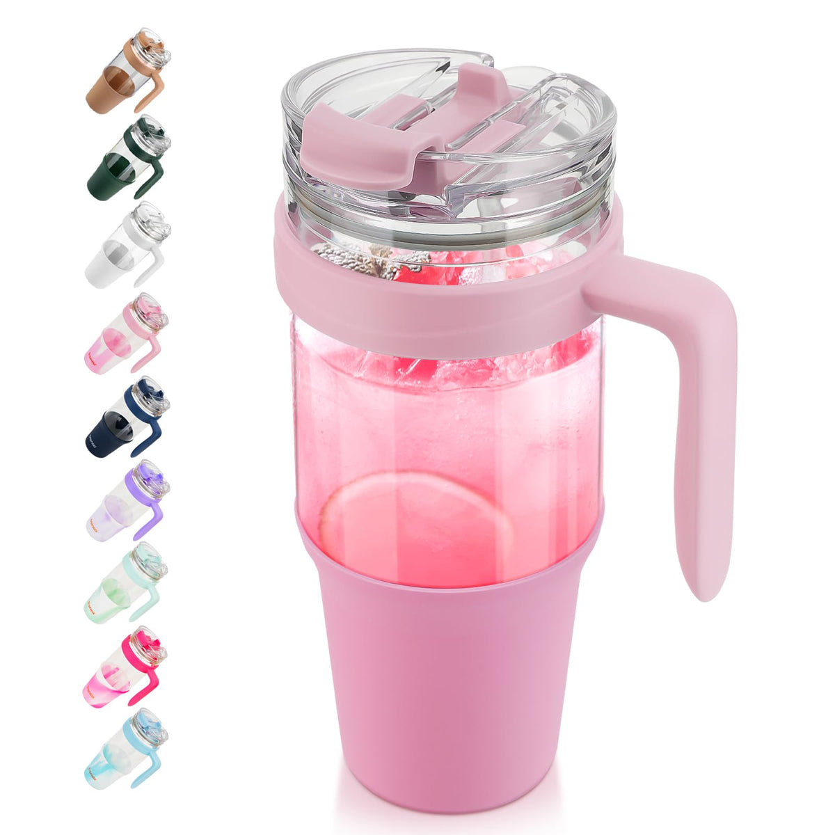 Tronco 40 oz Glass Tumbler with Straw and Lid, Reusable Glass Tumbler with Handle, Iced Coffee Cup with Bamboo Lid, Glass Water Bottles Fit in Cup Holder, Carbonfree, Lead-Free, BPA-Free