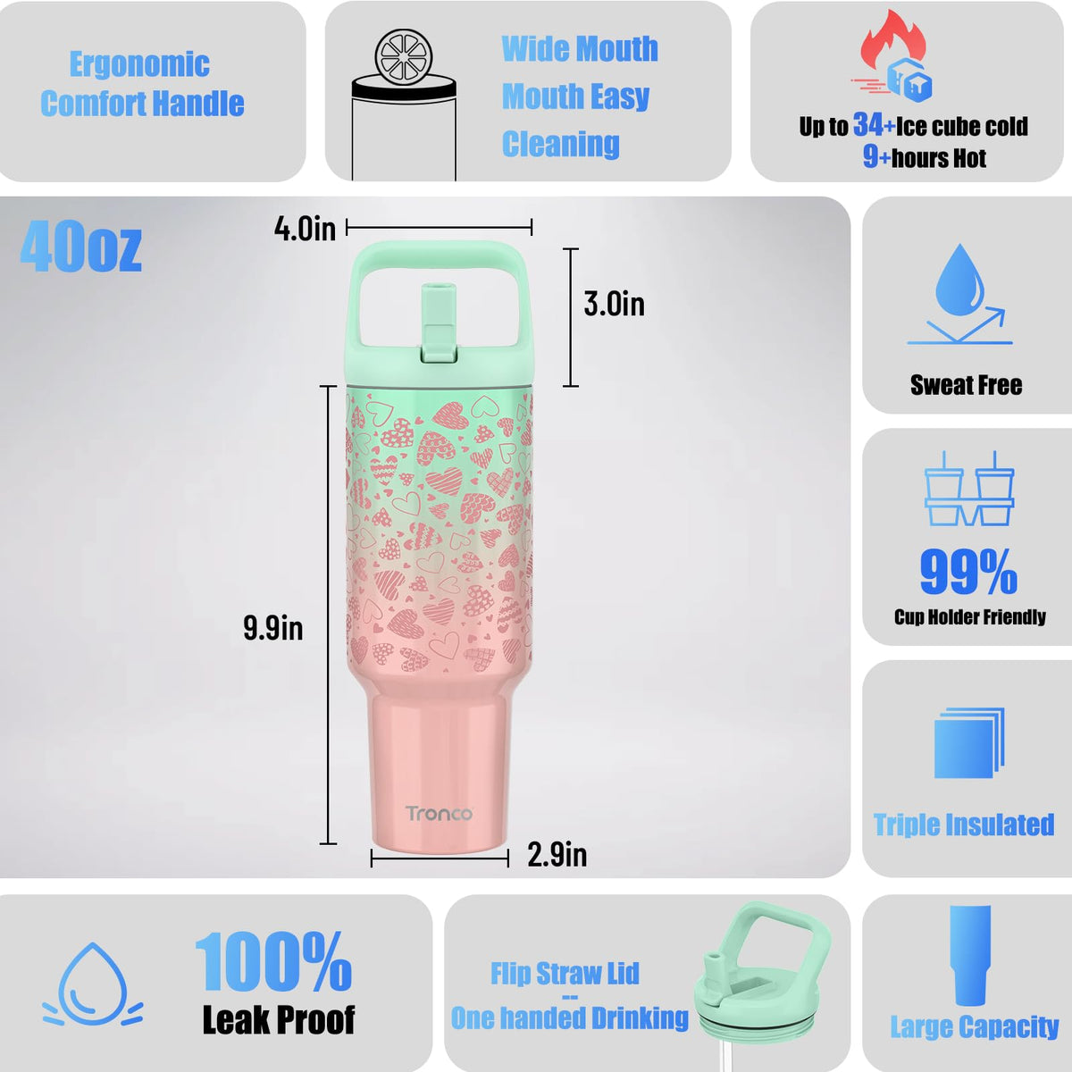 Tronco 40 oz Tumbler with Handle and Straw, Leak-Proof Insulated Tumbler with Flip Straw and Top Handle, Reusable Insulated Cup Water Bottle for Home, Outdoors, Fits in Cup Holder, Cold for 30 Hours