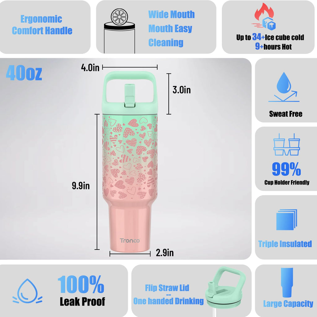 Tronco 40 oz Tumbler with Handle and Straw, Leak-Proof Insulated Tumbler with Flip Straw and Top Handle, Reusable Insulated Cup Water Bottle for Home, Outdoors, Fits in Cup Holder, Cold for 30 Hours