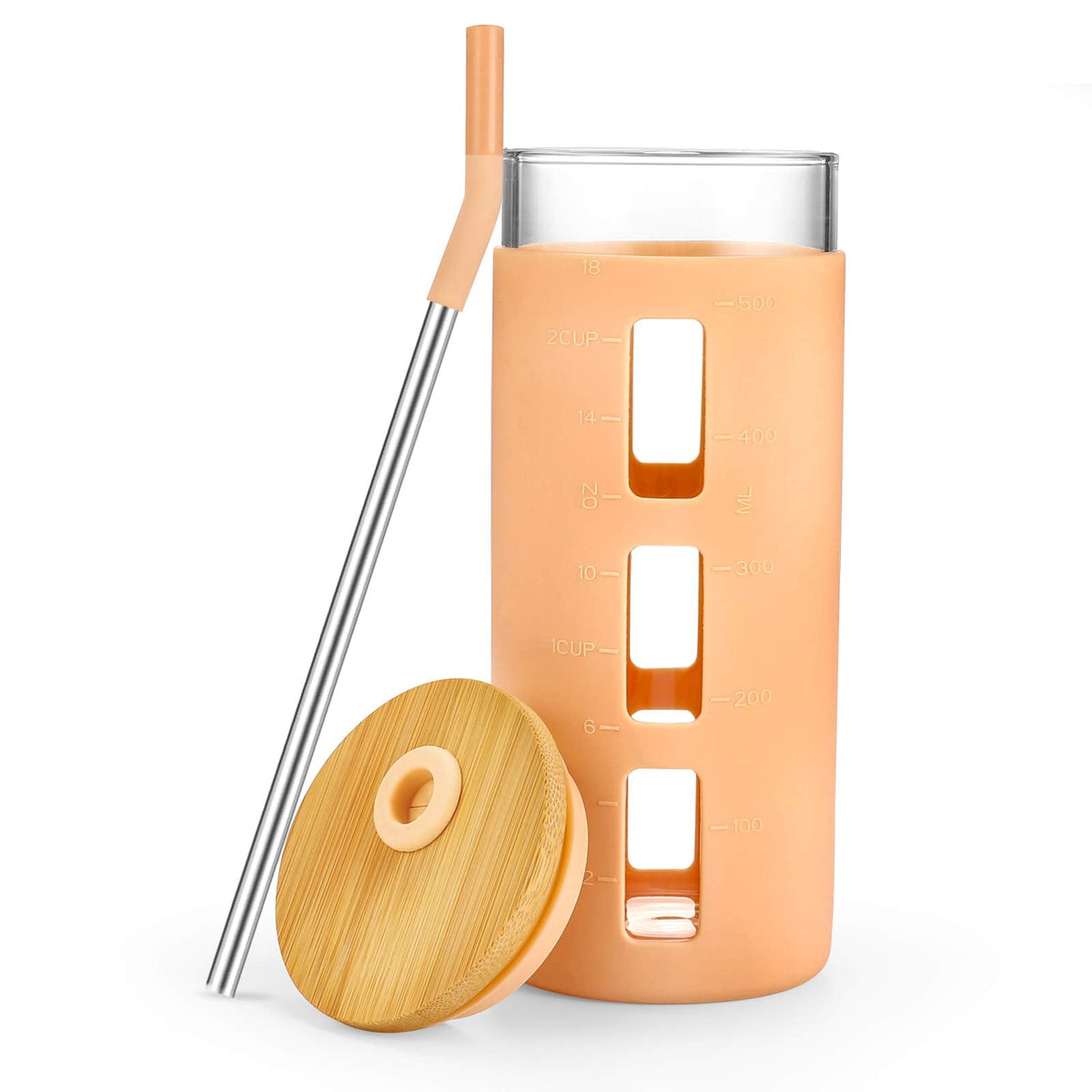 Tronco Glass Tumbler with Bamboo Lid and Straw,20OZ Reusable Iced Coffee Cup,Smoothie Cups,Glass Travel Water Bottle,See Through Silicone Sleeve With Measurement,Dishwasfer Safe,Spill Proof