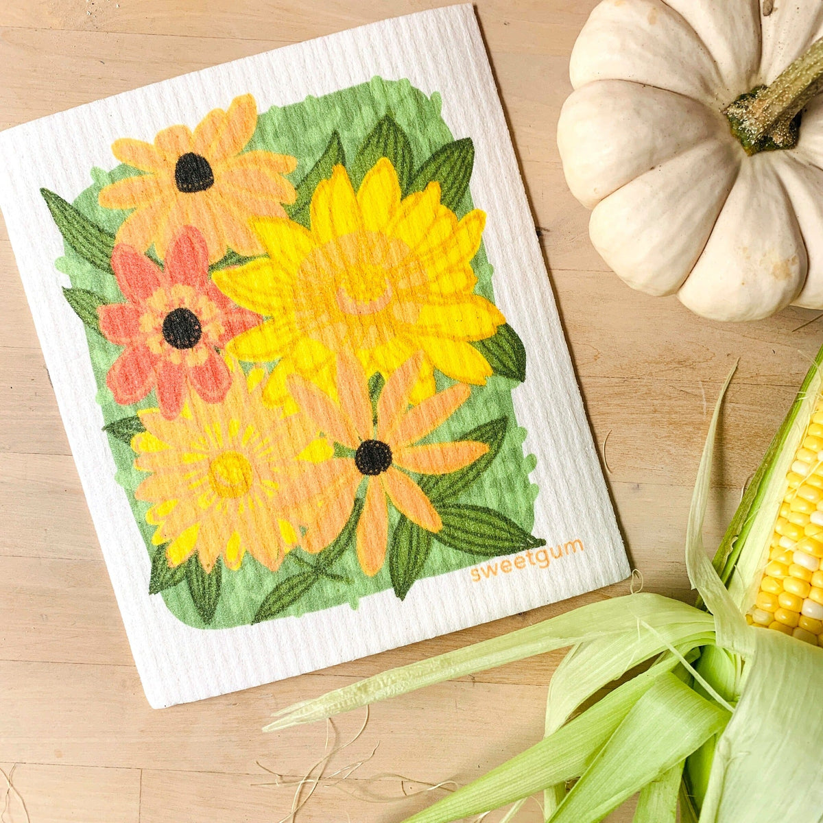 Yellow Flowers & Leaves Swedish Dishcloth | Sweetgum Home